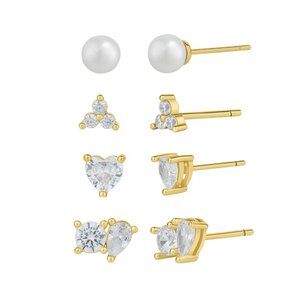And Now This Cubic‎ Zirconia 18K Gold Over Brass & Imitation Pearl 4 Earring Set